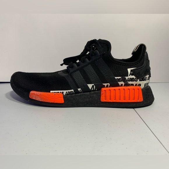 adidas NMD R1  “WordMark Heel Stripe - Black Solar Red” Size 10 US - Picture 2 of 5